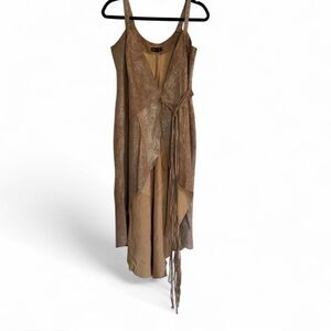 Vintage BEBE tan and silver coated leather midi vest/ open dress with fringe